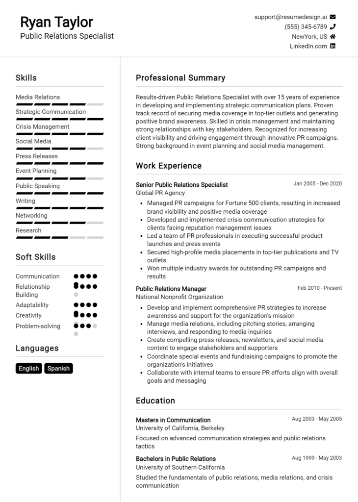 Public Relations Specialist Resume Example