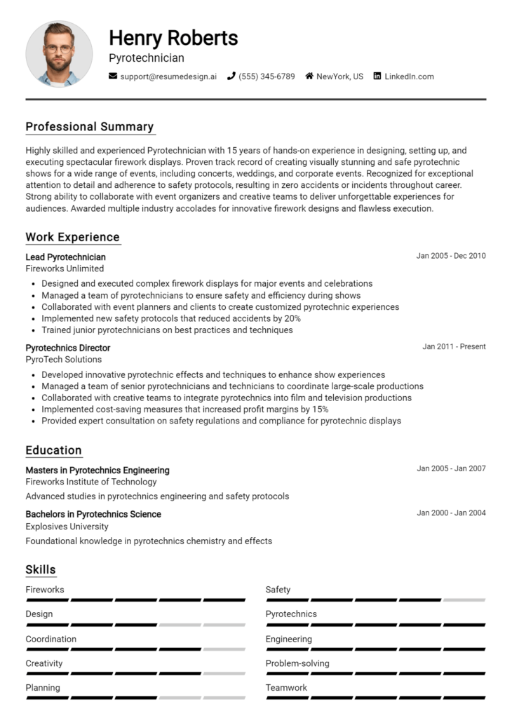 Pyrotechnician Resume Example