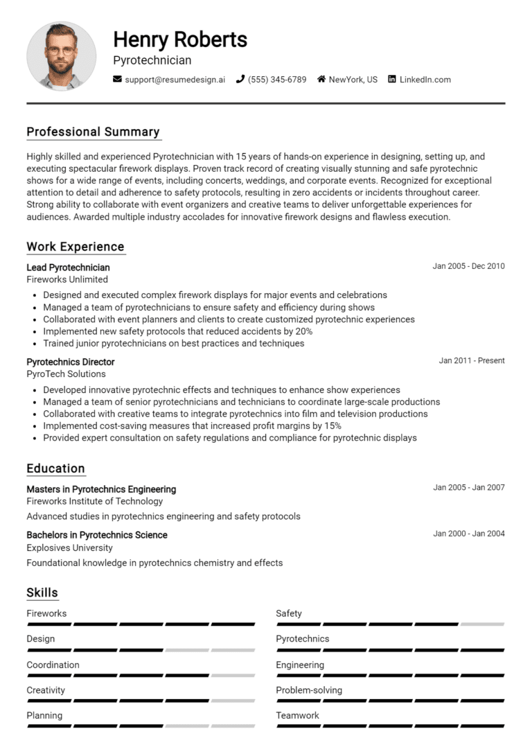 16 Pyrotechnician Resume Examples And Templates for 2025: Best Tips