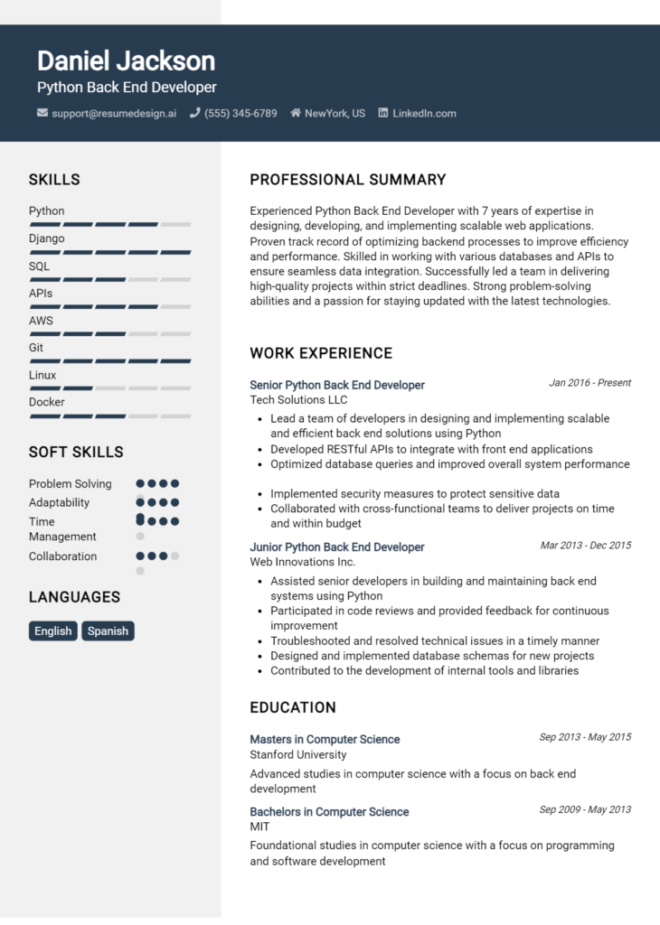 Python Back End Developer Resume Example