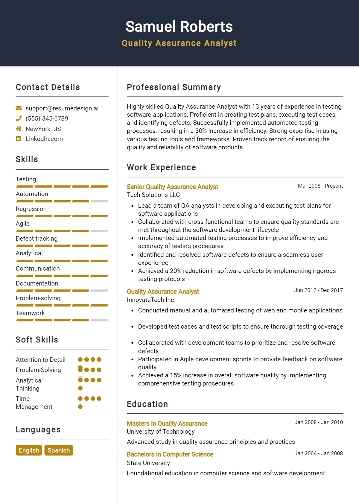 Quality Assurance Analyst Resume Example