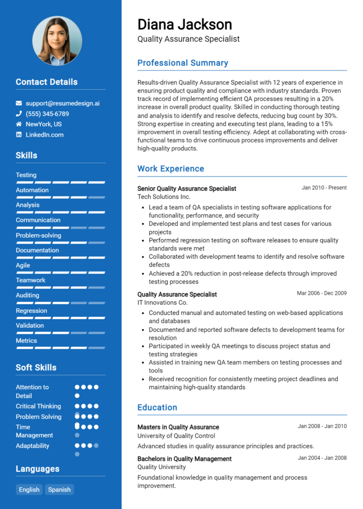 Quality Assurance Specialist Resume Example