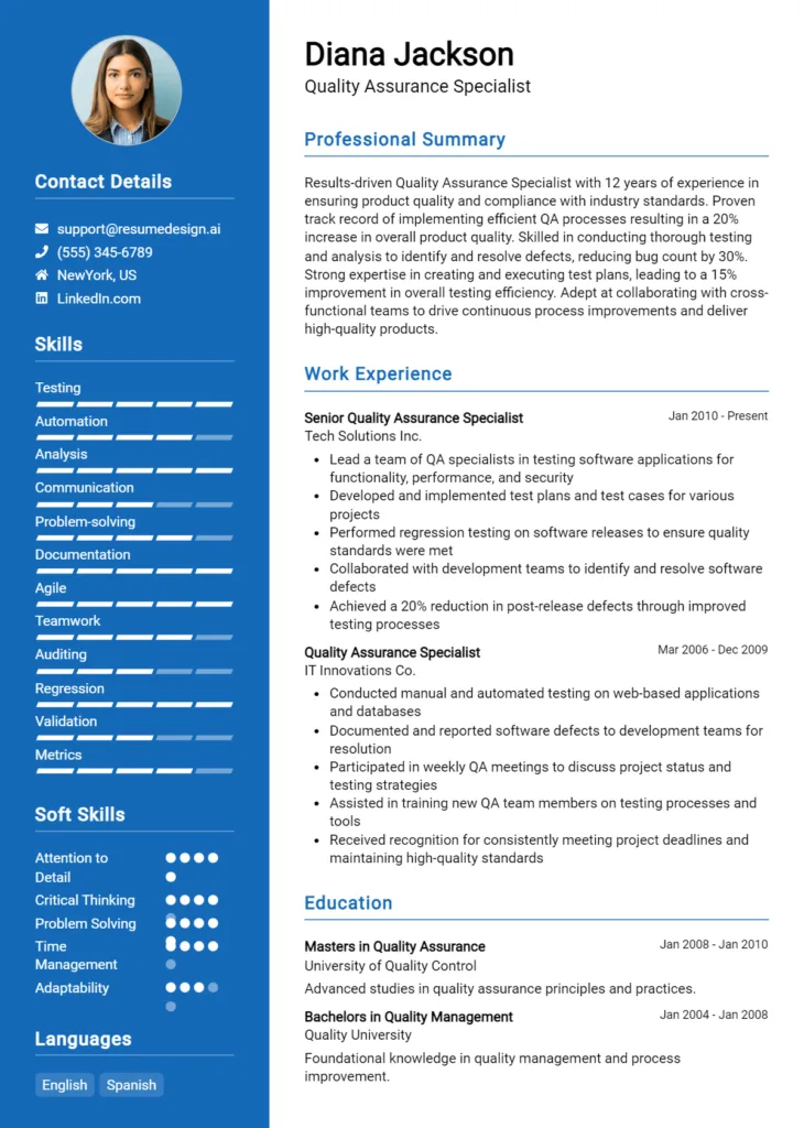 Quality Assurance Specialist Resume Example