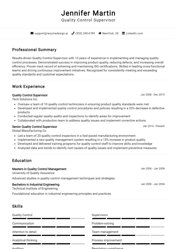 Quality Control Supervisor Resume Example