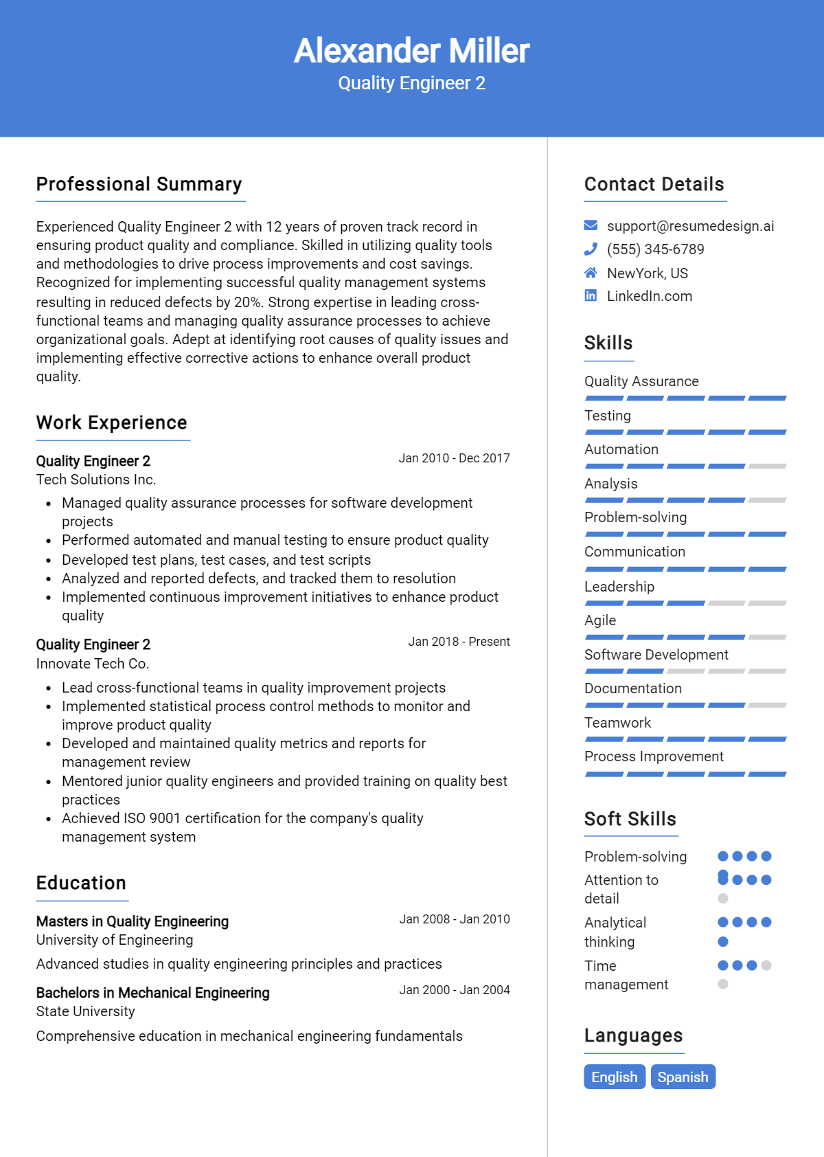 Quality Engineer 2 Resume Example