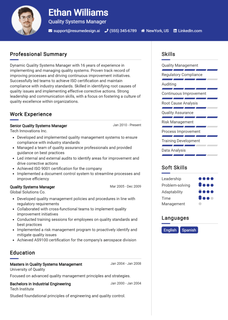 Quality Systems Manager Resume Example