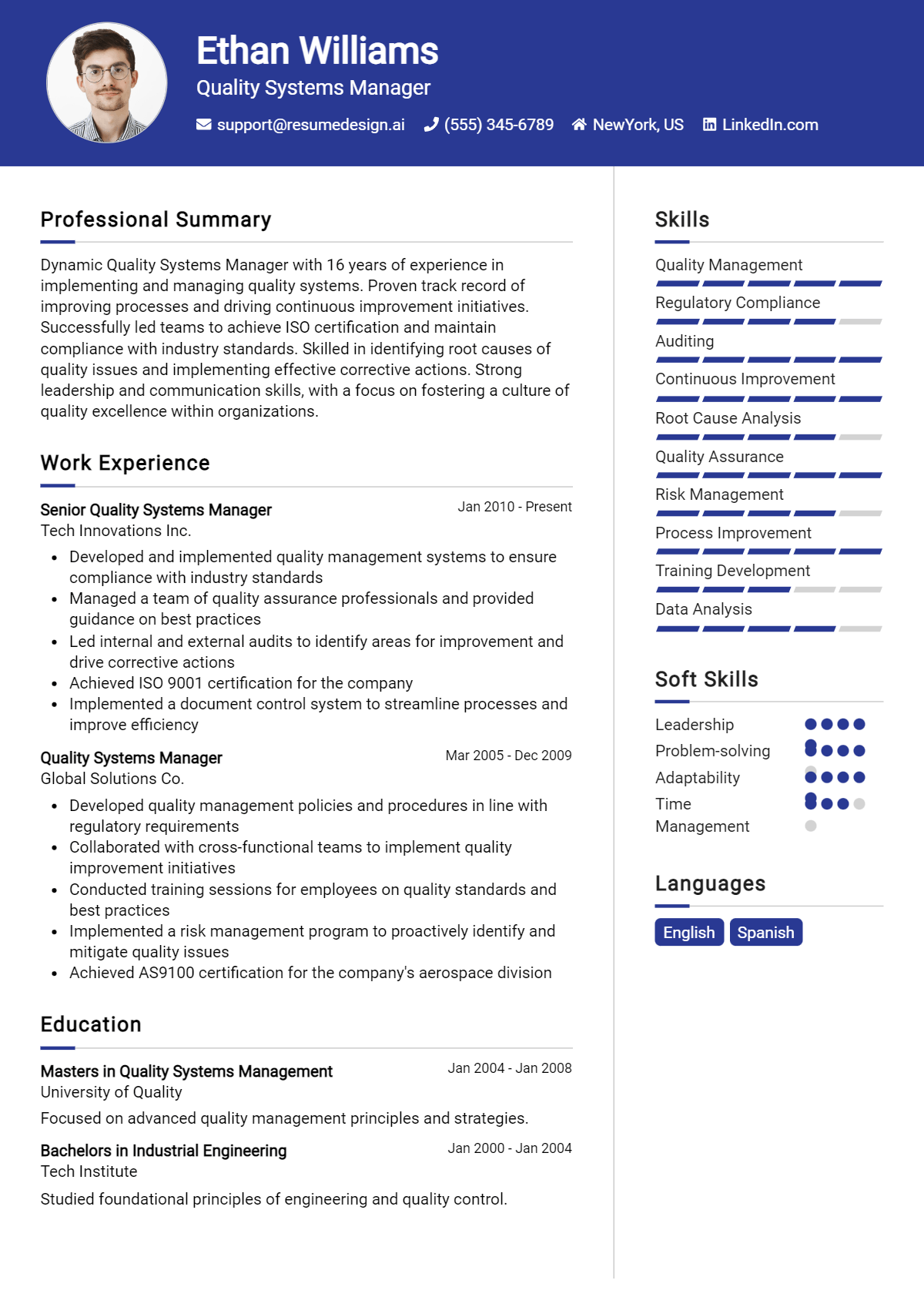 Quality Systems Manager Resume Example