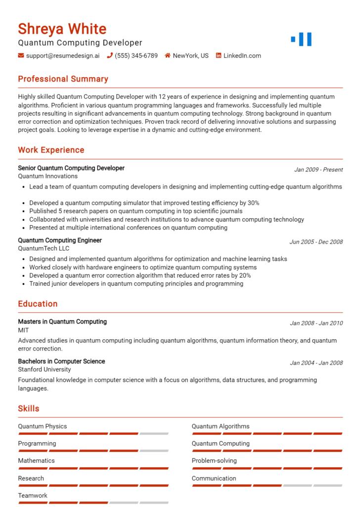 Quantum Computing Developer Resume Example