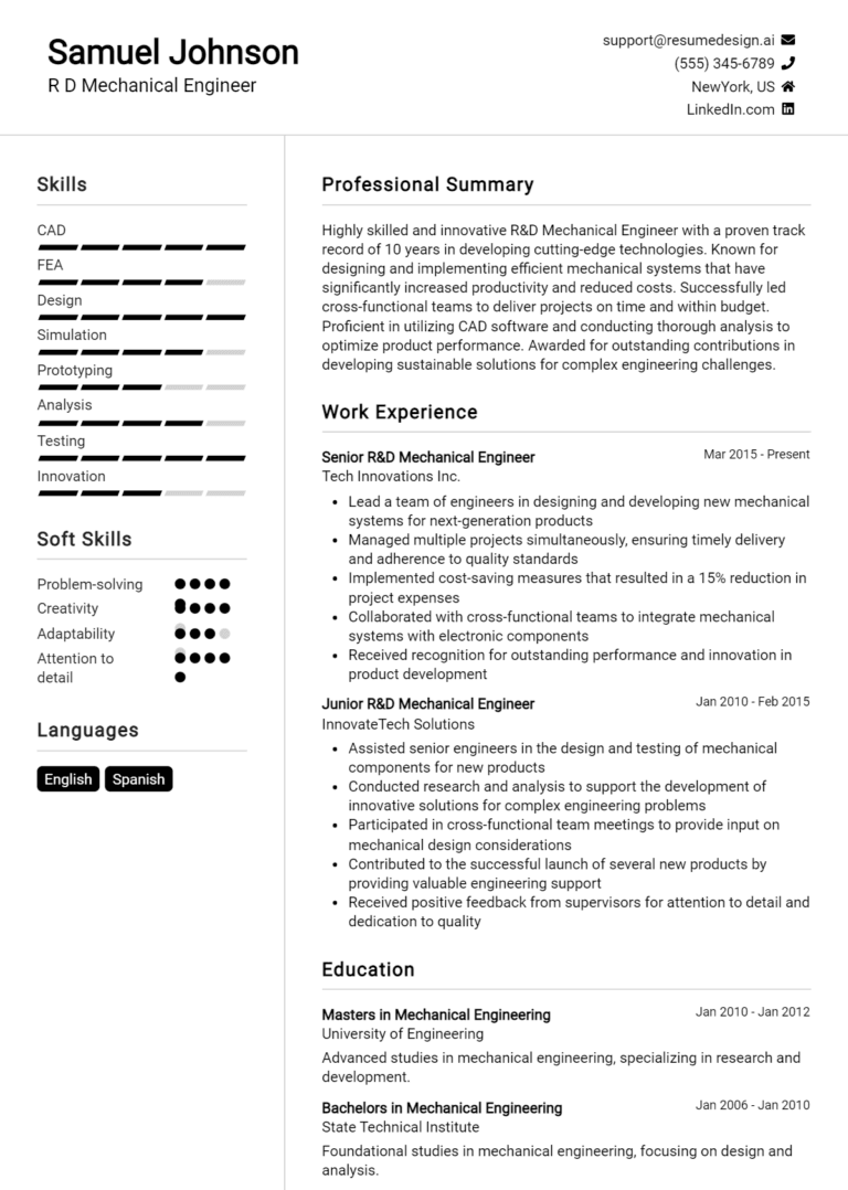20 R&D Mechanical Engineer Resume Examples And Templates for 2025 (Downloadable)