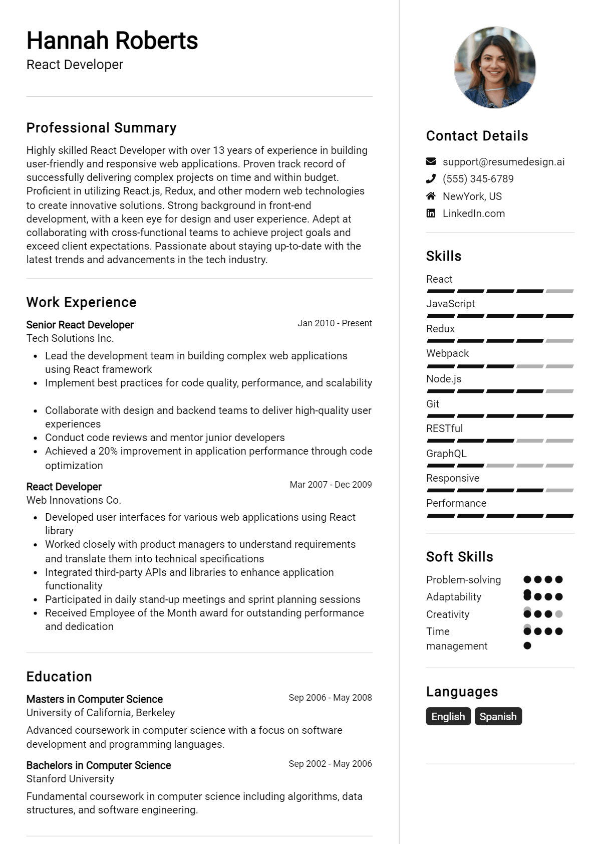 React Developer Resume Example