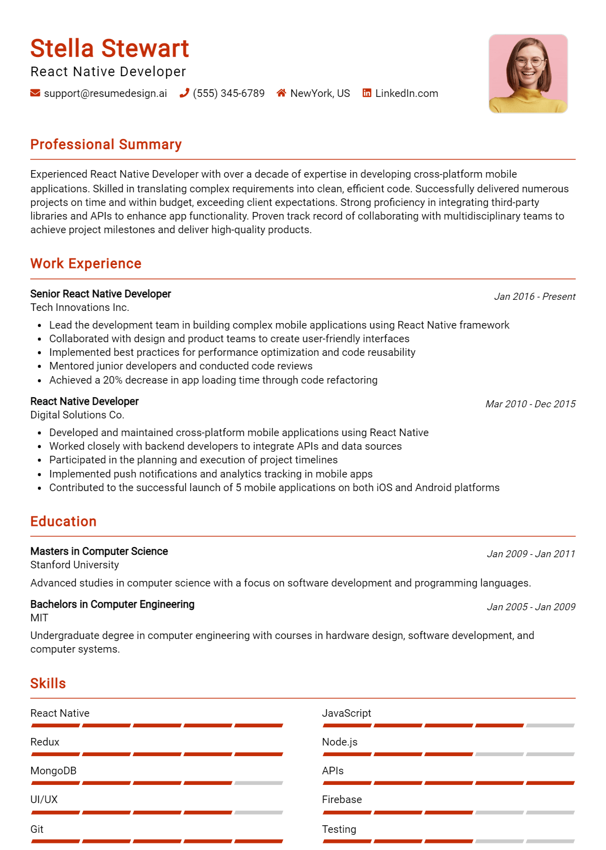 React Native Developer Resume Example