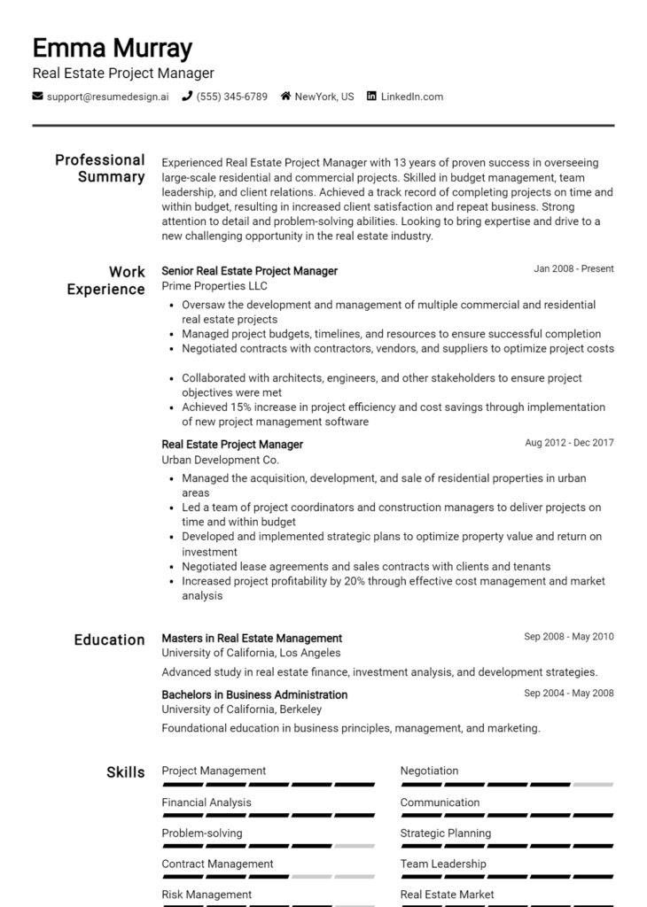 Real Estate Project Manager Resume Example