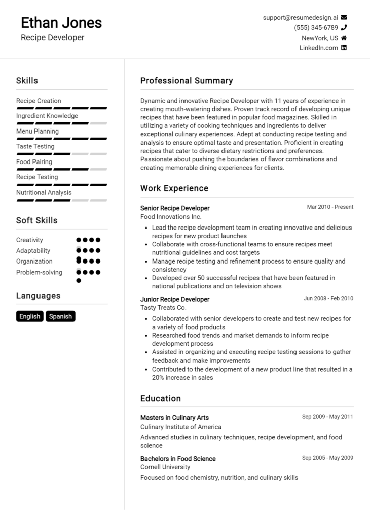 Recipe Developer Resume Example