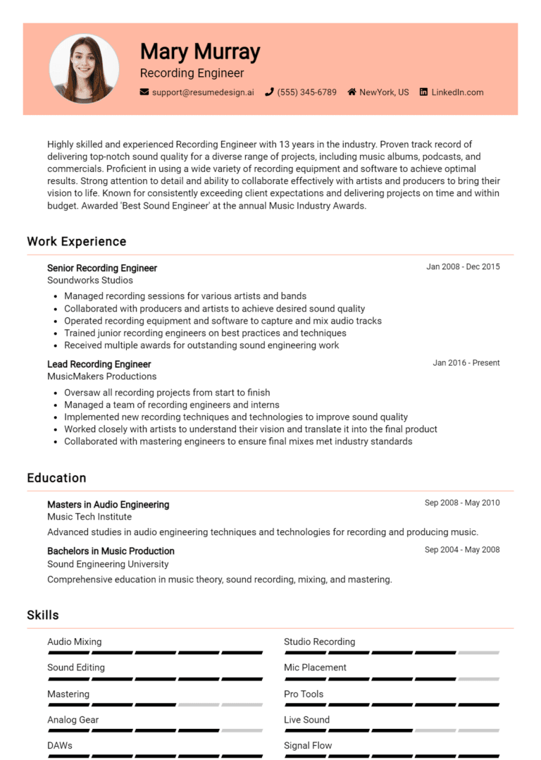 15 Recording Engineer Resume Examples And Templates for 2025