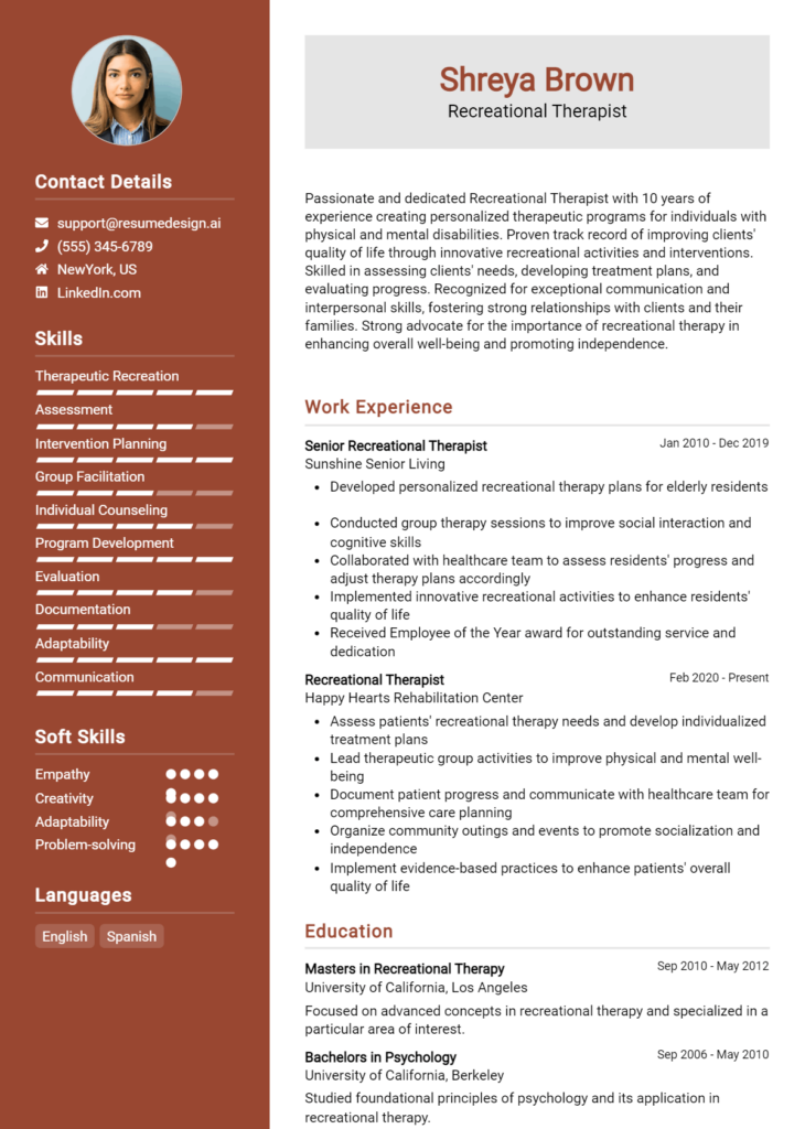 Recreational Therapist Resume Example