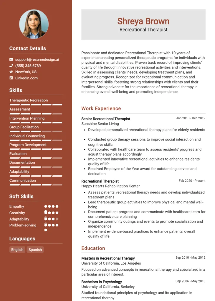Recreational Therapist Resume Example