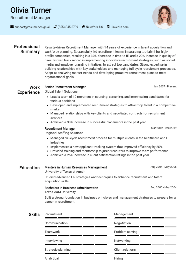 Recruitment Manager Resume Example