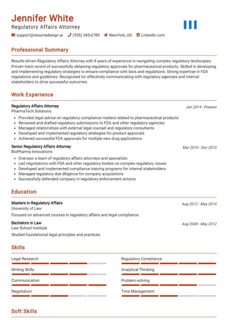 Regulatory Affairs Attorney Resume Example