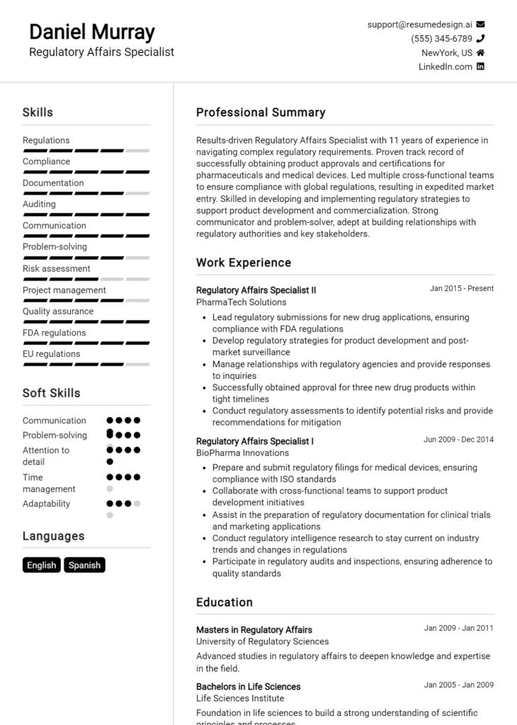 Regulatory Affairs Specialist Resume Example