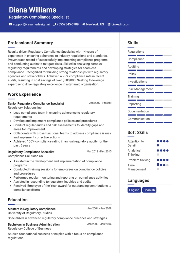 Regulatory Compliance Specialist Resume Example