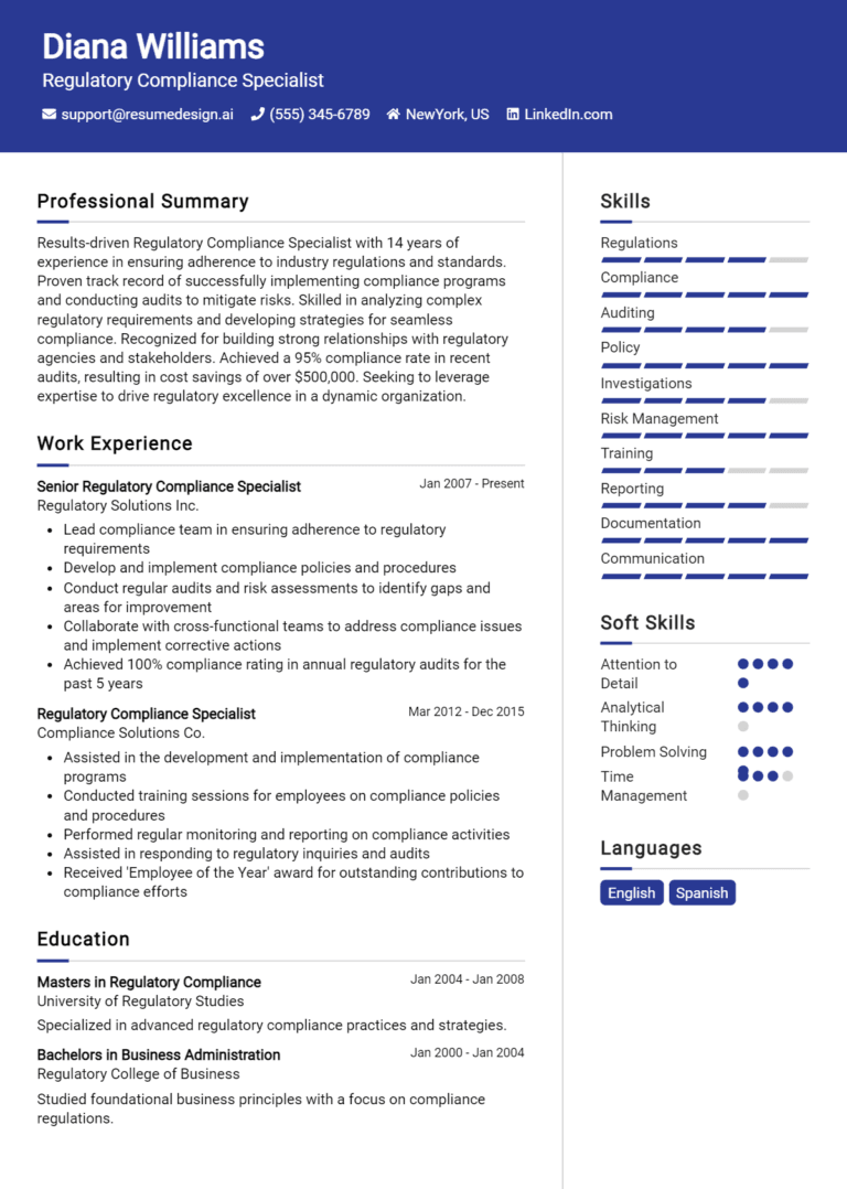 10 Regulatory Compliance Specialist Resume Examples And Templates for 2025