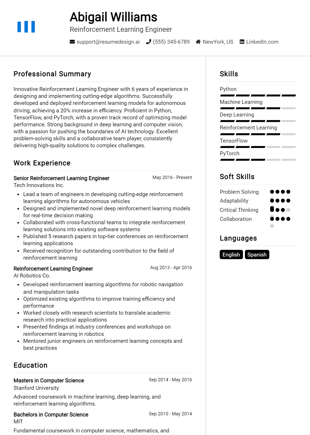 Reinforcement Learning Engineer Resume Example