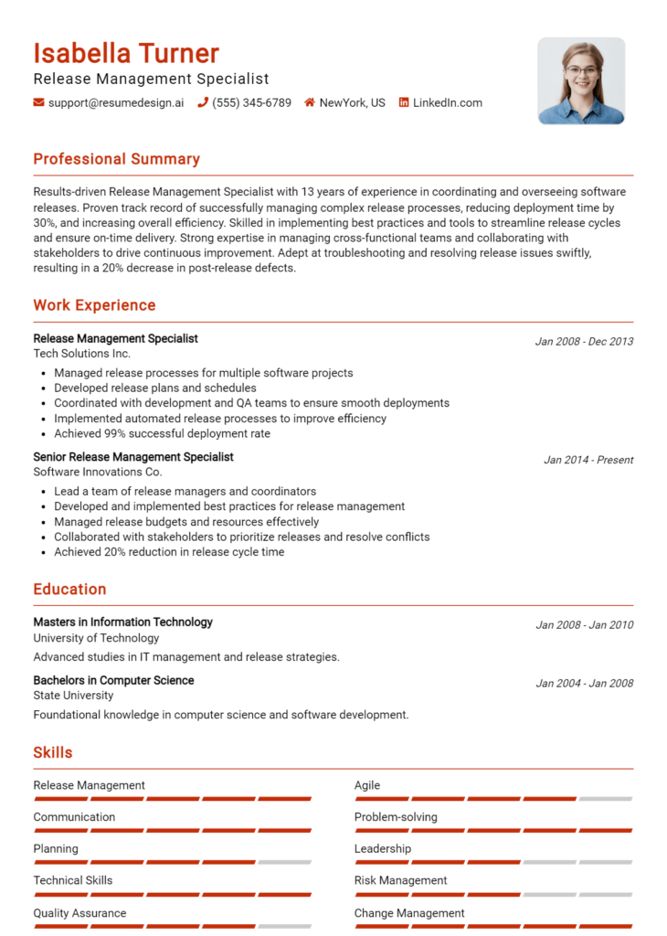 Release Management Specialist Resume Example