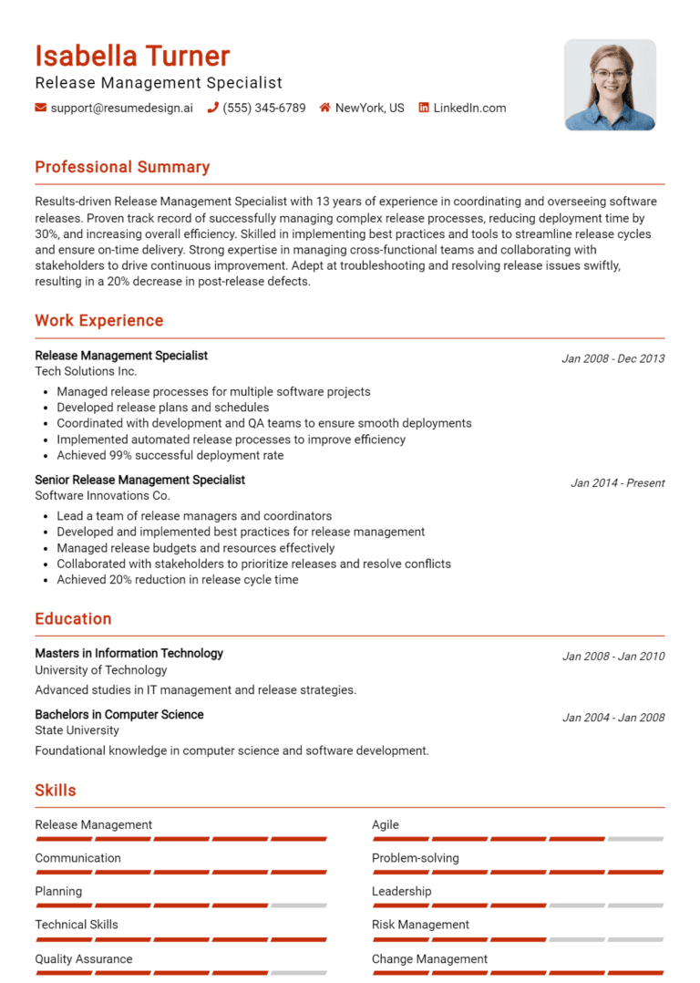 22 Release Management Specialist Resume Examples And Templates for 2025