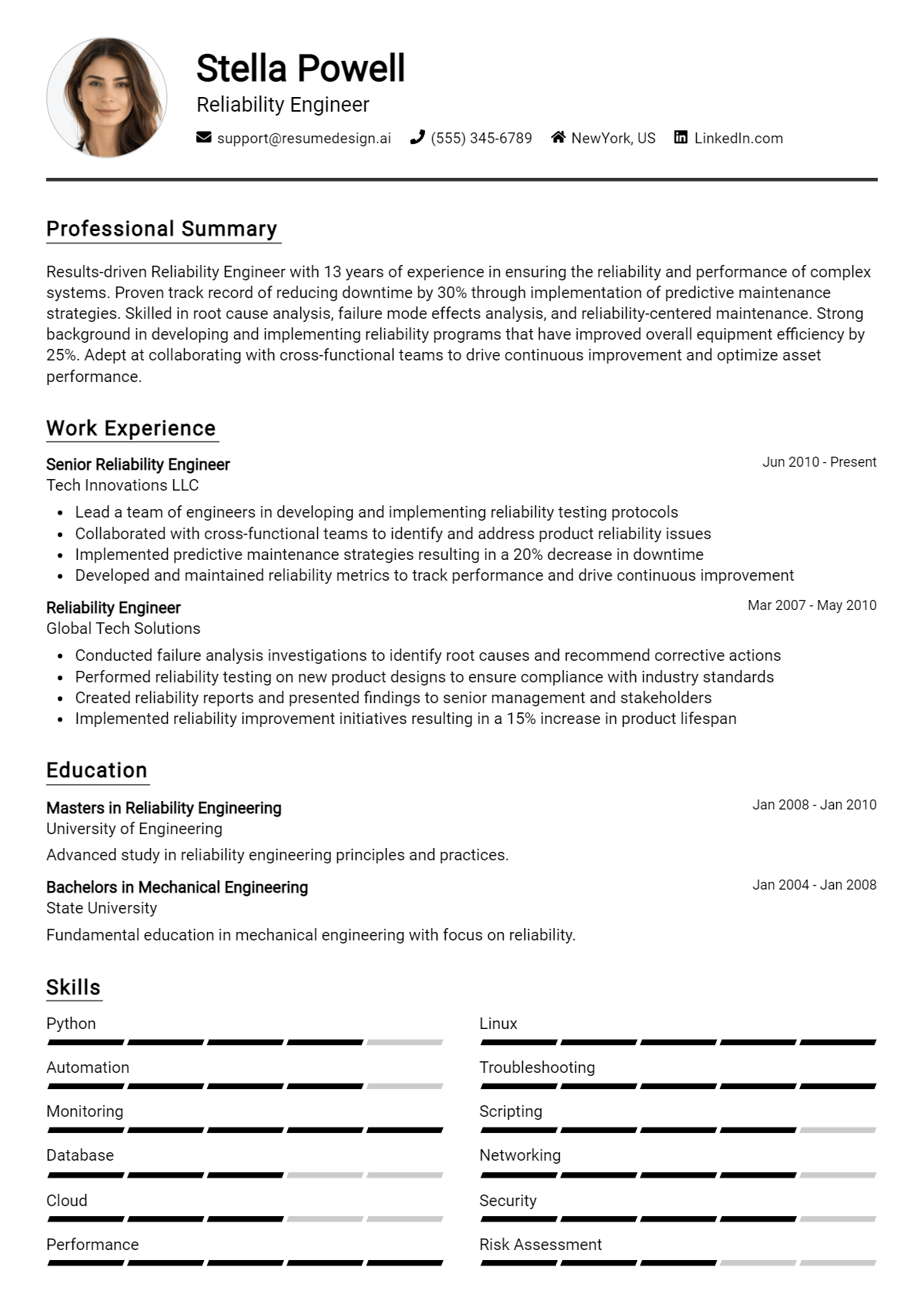 Reliability Engineer Resume Example