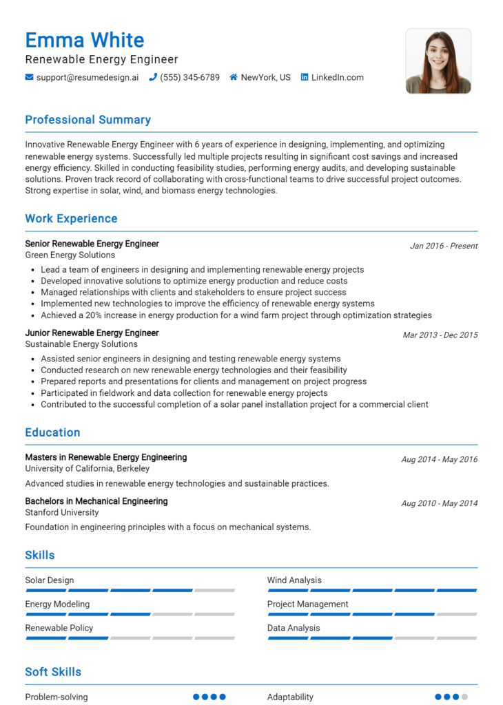 Renewable Energy Engineer Resume Example