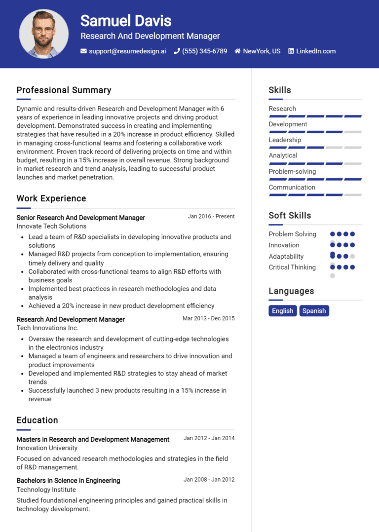 15 Research and Development Manager Resume Examples And Templates for 2025