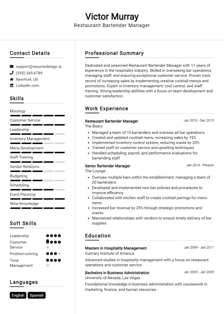 Restaurant Bartender Manager Resume Example