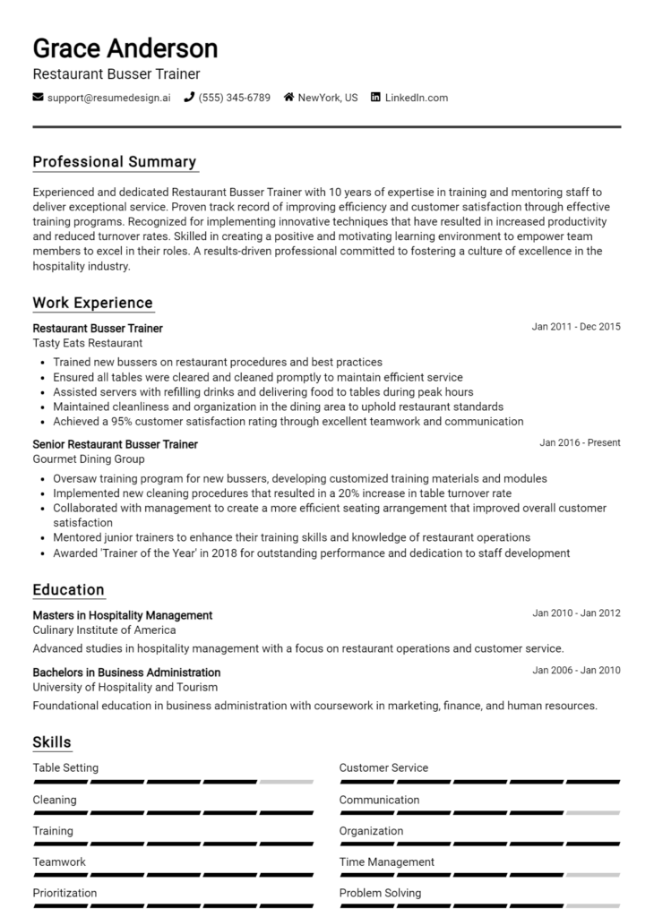 Restaurant Busser Trainer Resume Example