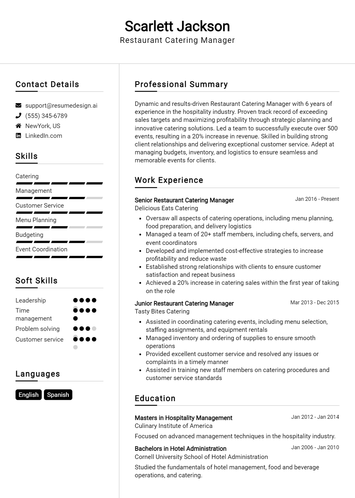 Restaurant Catering Manager Resume Example