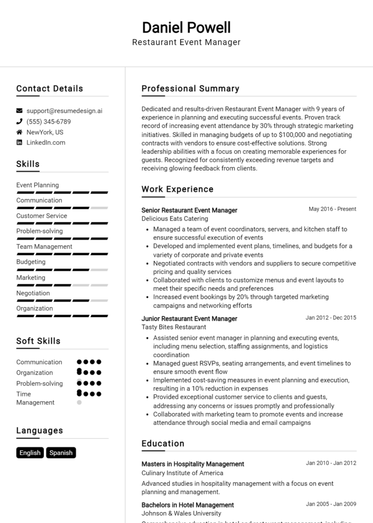 Restaurant Event Manager Resume Example