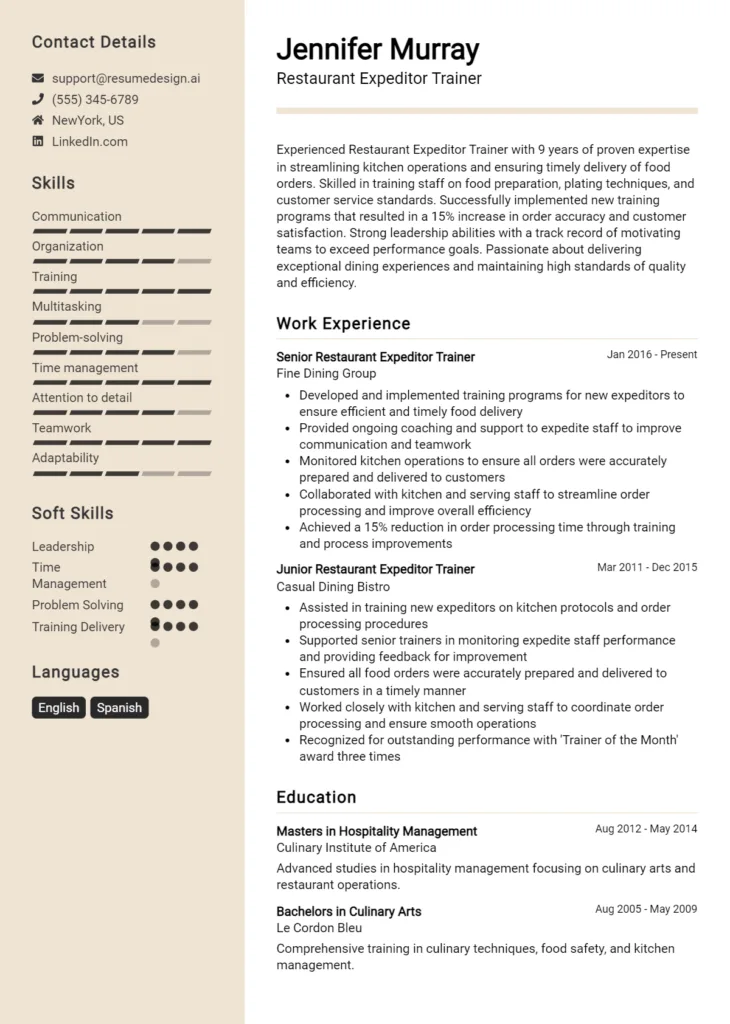 Restaurant Expeditor Trainer Resume Example