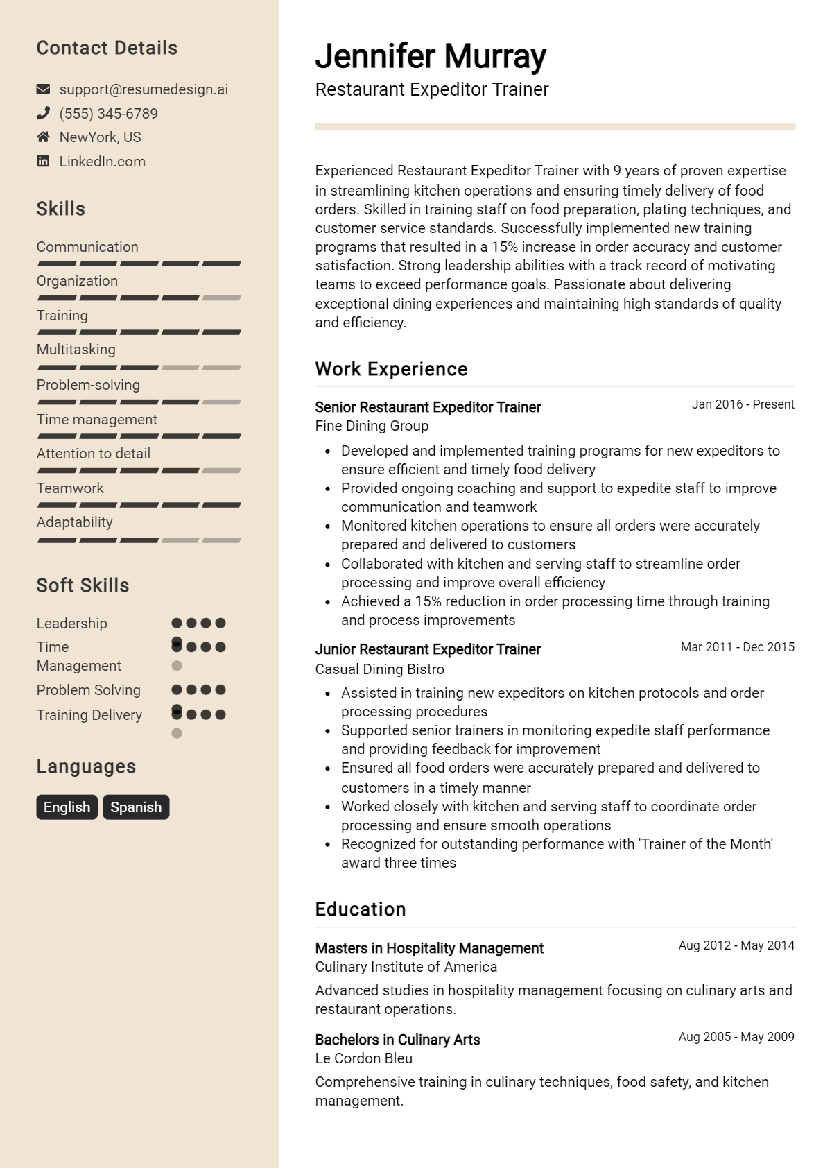 Restaurant Expeditor Trainer Resume Example