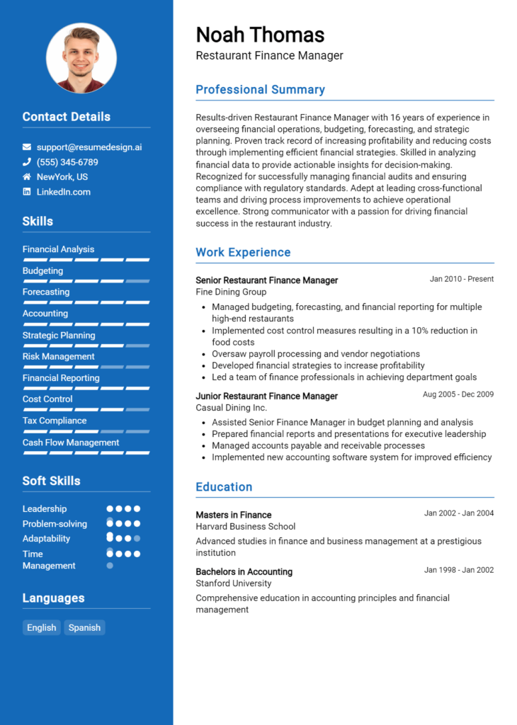 Restaurant Finance Manager Resume Example