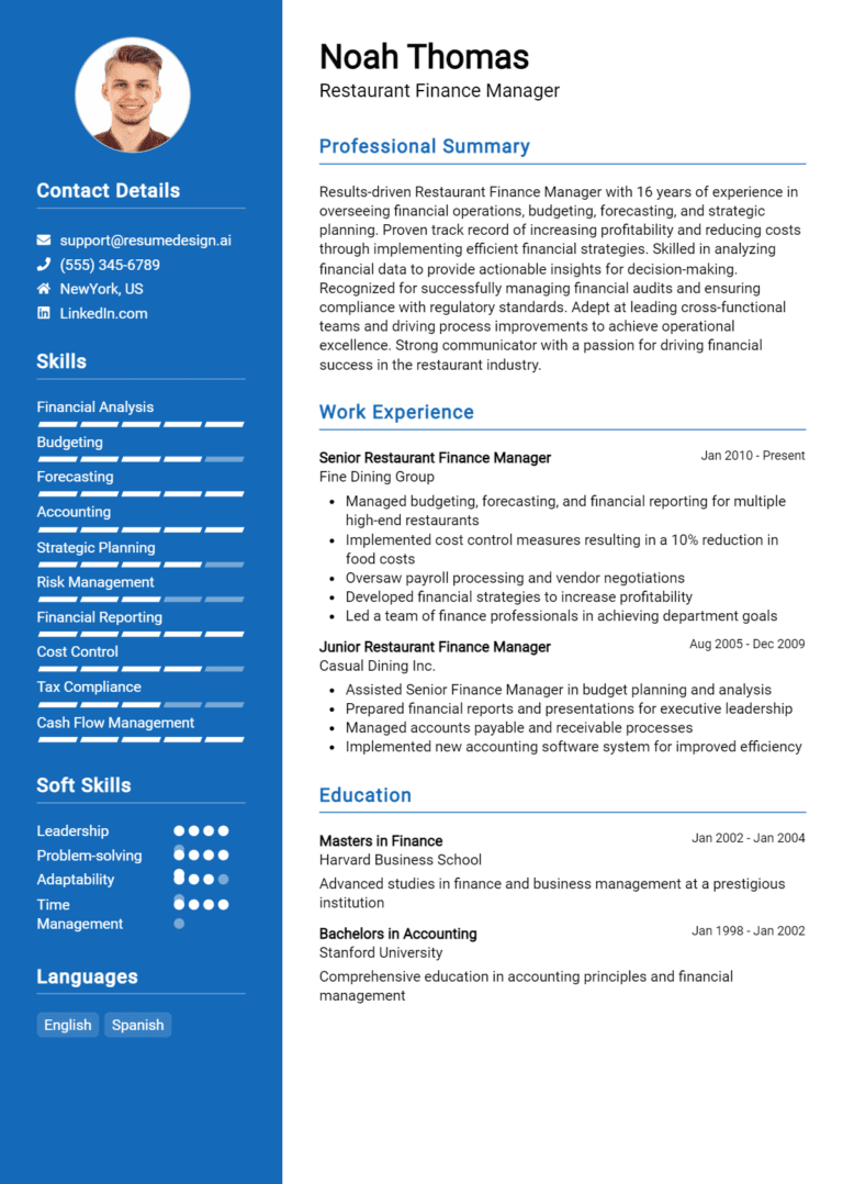 16 Restaurant Finance Manager Resume Examples And Templates for 2025
