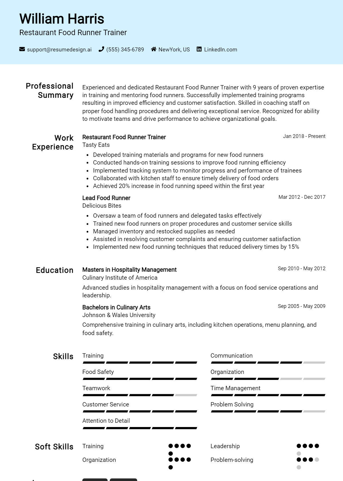 Restaurant Food Runner Trainer Resume Example