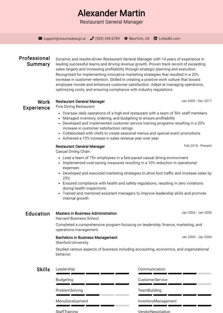 Restaurant General Manager Resume Example