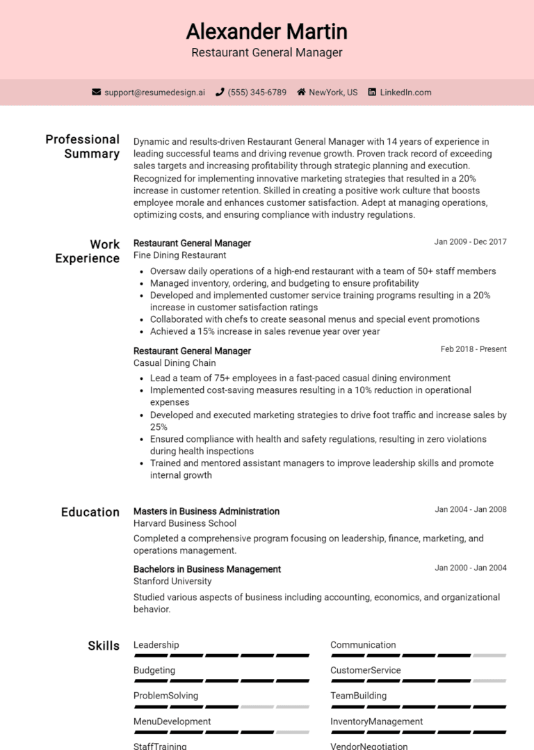 16 Restaurant General Manager Resume Examples And Templates for 2025