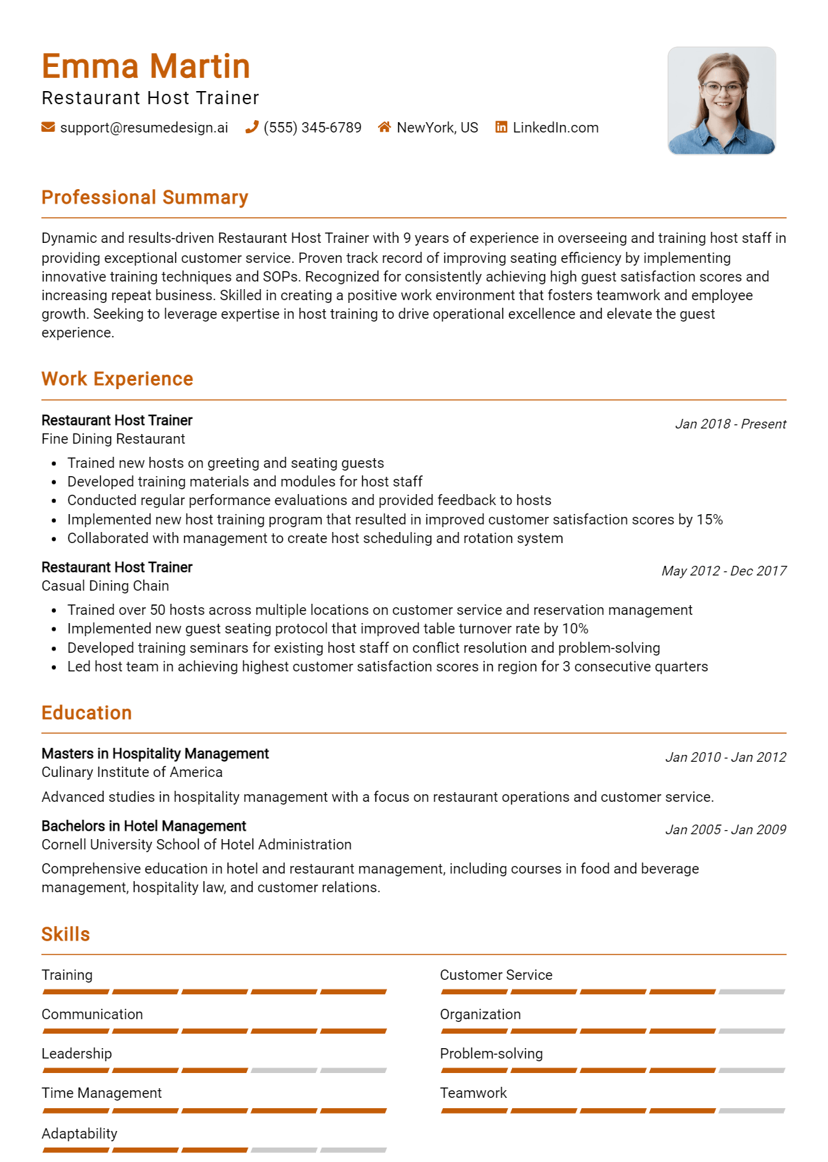 Restaurant Host Trainer Resume Example