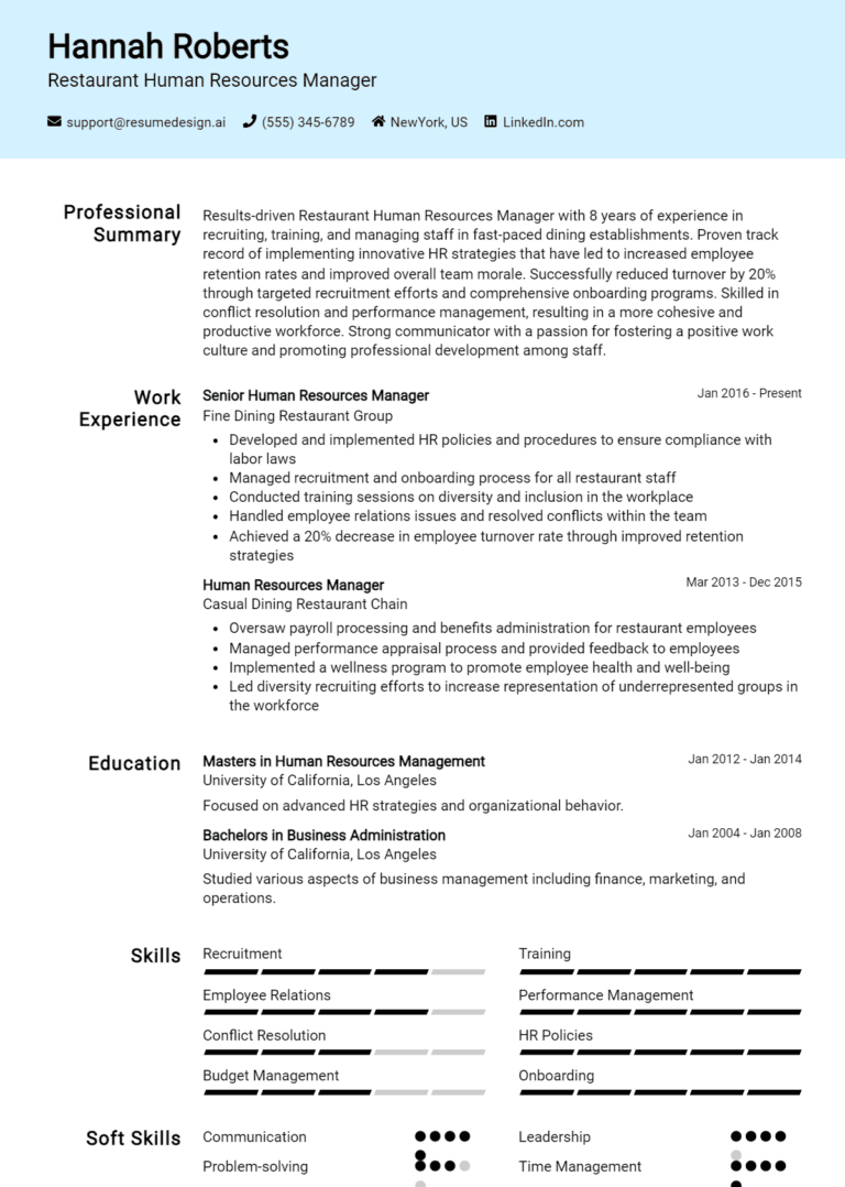 16 Restaurant Human Resources Manager Resume Examples And Templates for 2025