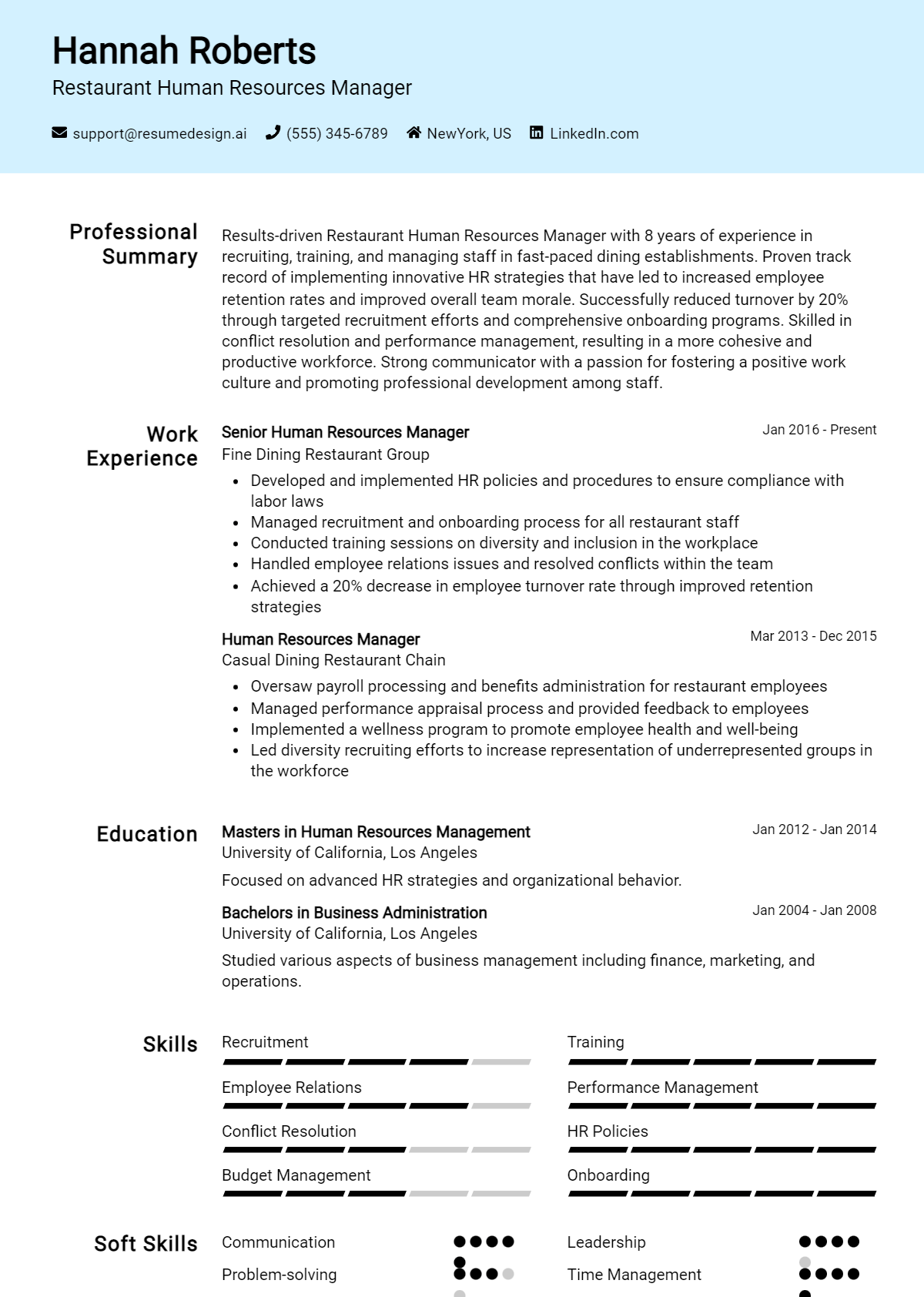 Restaurant Human Resources Manager Resume Example