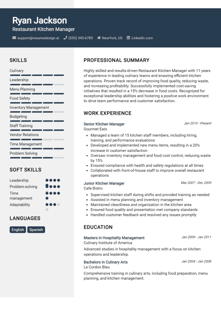 16 Restaurant Kitchen Manager Resume Examples And Templates for 2025