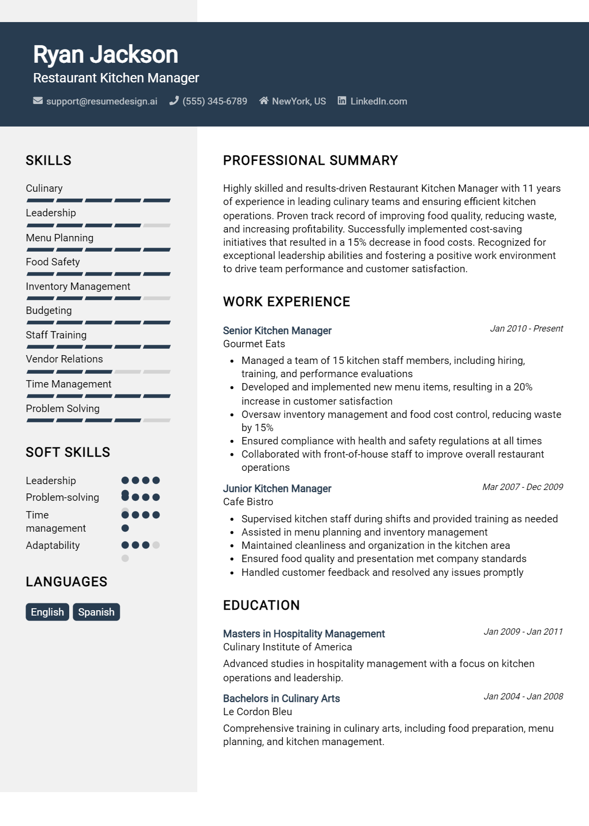 Restaurant Kitchen Manager Resume Example