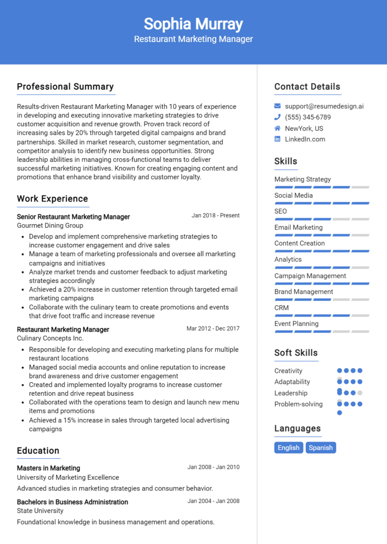 16 Restaurant Marketing Manager Resume Examples And Templates for 2025