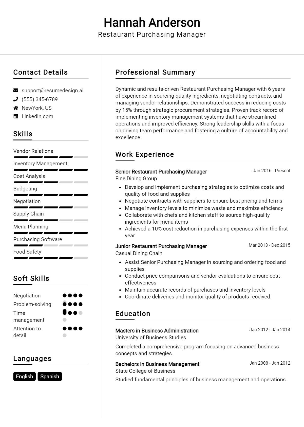 Restaurant Purchasing Manager Resume Example