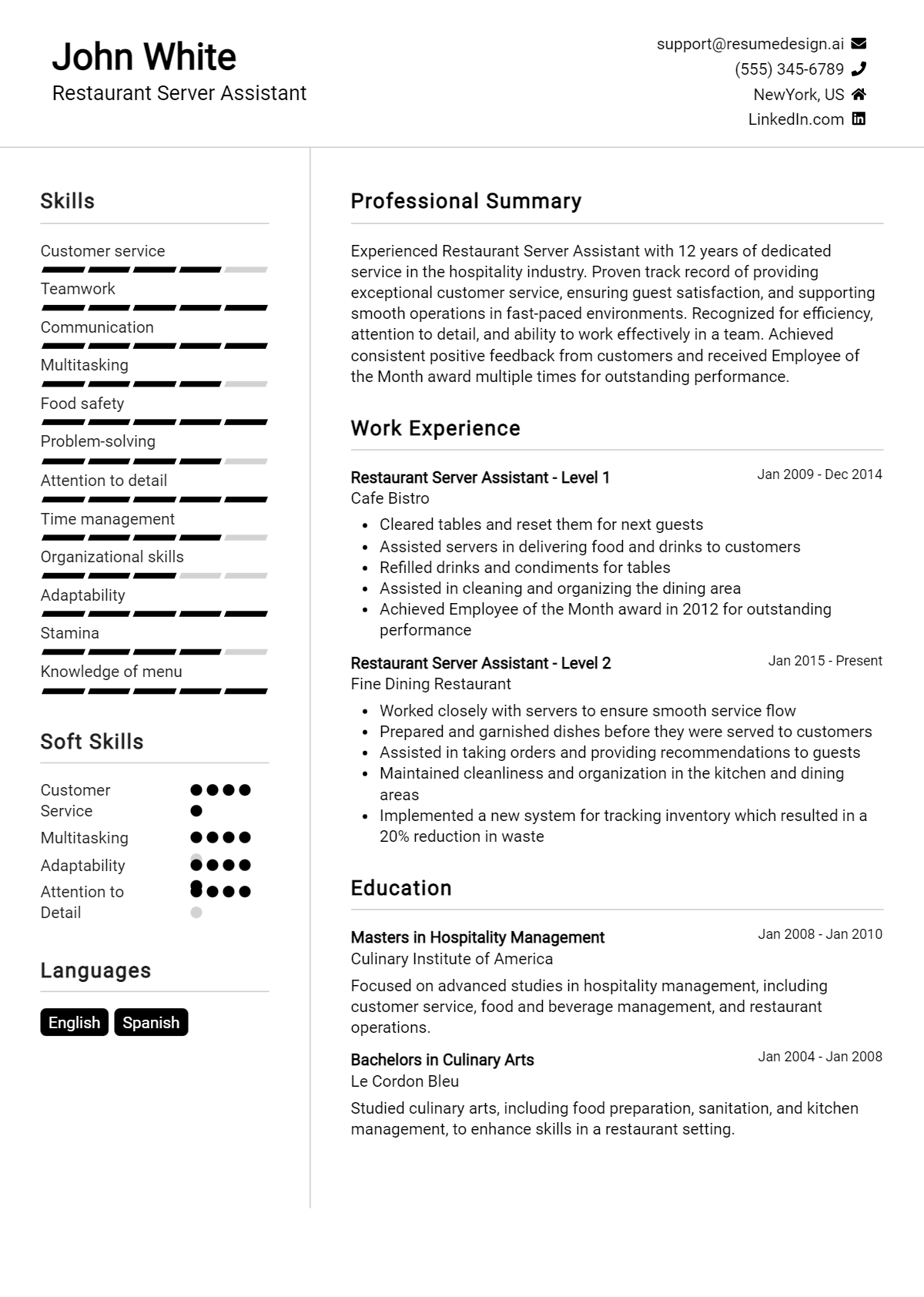 Restaurant Server Assistant Resume Example